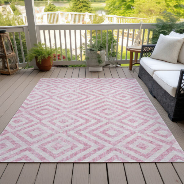 9' X 12' Pink And Ivory Geometric Washable Indoor Outdoor Area Rug