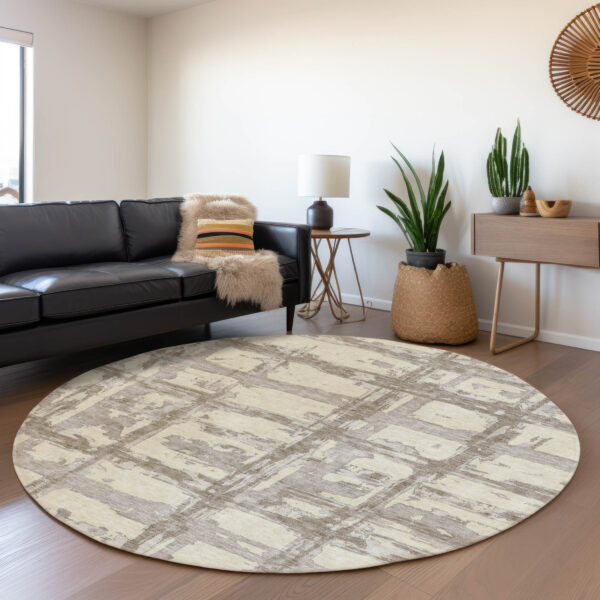 8' Beige Brown And Taupe Round Striped Washable Indoor Outdoor Area Rug