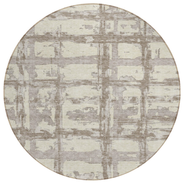 8' Beige Brown And Taupe Round Striped Washable Indoor Outdoor Area Rug