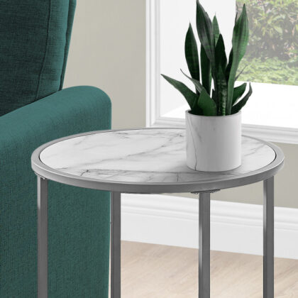 24" Silver And White Faux Marble Round End Table