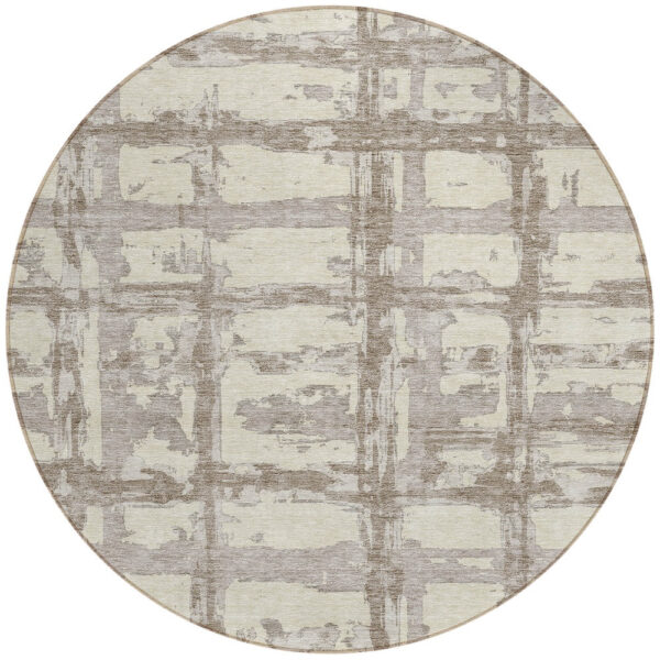 8' Beige Brown And Taupe Round Striped Washable Indoor Outdoor Area Rug