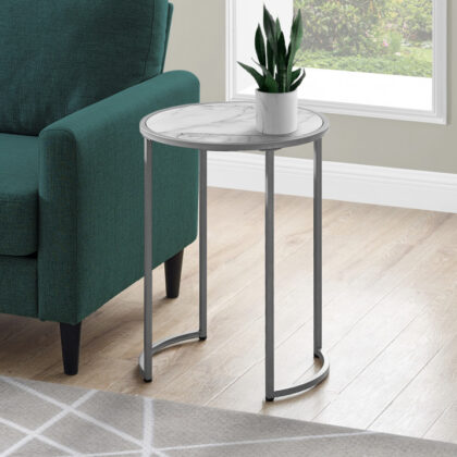 24" Silver And White Faux Marble Round End Table