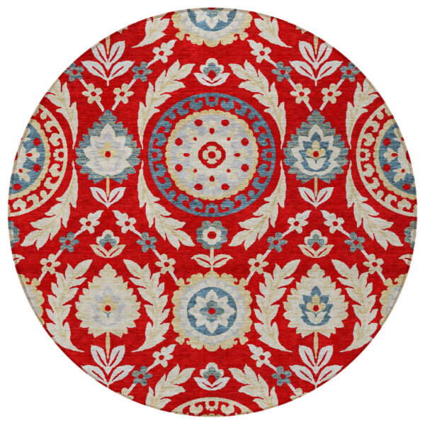 8' Red Beige And Navy Blue Round Floral Washable Indoor Outdoor Area Rug