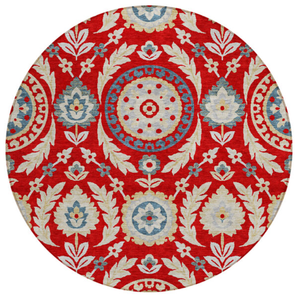 8' Red Beige And Navy Blue Round Floral Washable Indoor Outdoor Area Rug