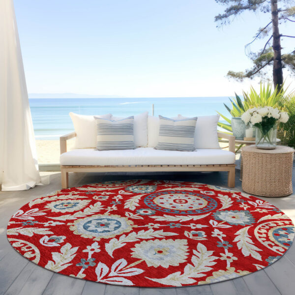 8' Red Beige And Navy Blue Round Floral Washable Indoor Outdoor Area Rug