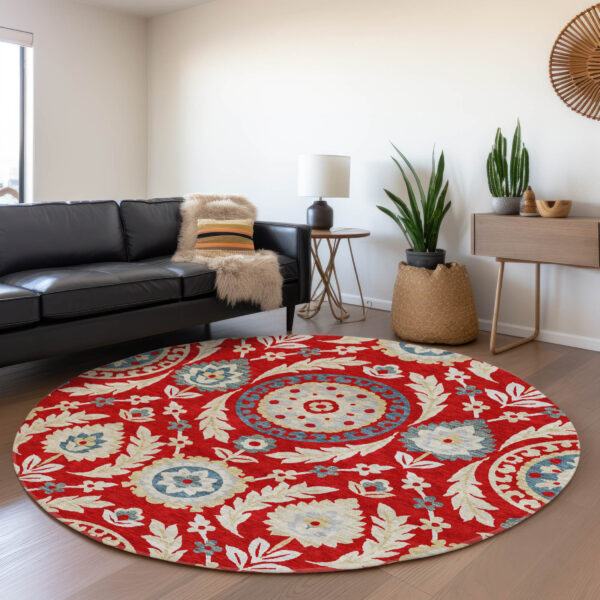 8' Red Beige And Navy Blue Round Floral Washable Indoor Outdoor Area Rug