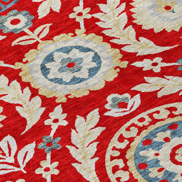 8' Red Beige And Navy Blue Round Floral Washable Indoor Outdoor Area Rug