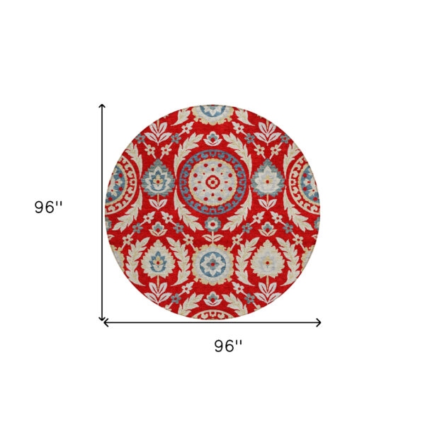 8' Red Beige And Navy Blue Round Floral Washable Indoor Outdoor Area Rug