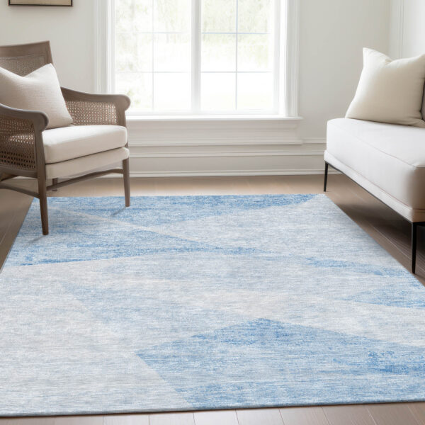 3' X 5' Denim Blue And Sky Blue Abstract Washable Indoor Outdoor Area Rug