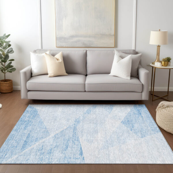 3' X 5' Denim Blue And Sky Blue Abstract Washable Indoor Outdoor Area Rug