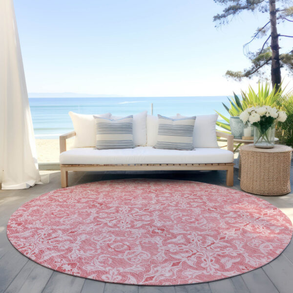 8' Pink And Blush Round Medallion Washable Indoor Outdoor Area Rug