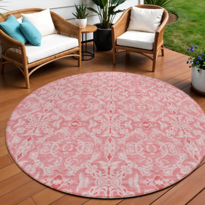 8' Pink And Blush Round Medallion Washable Indoor Outdoor Area Rug