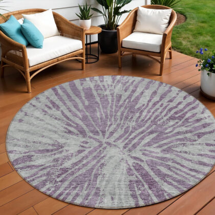 8' Purple And Gray Round Abstract Washable Indoor Outdoor Area Rug