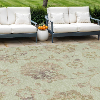 9' X 12' Artichoke Green Mint Green And Taupe Floral Washable Indoor Outdoor Area Rug