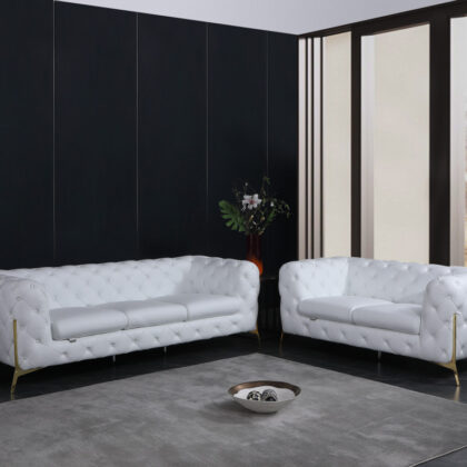Two Piece Indoor White Italian Leather Five Person Seating Set