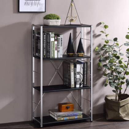 Black And Silver Metal Four Tier Etagere Bookcase