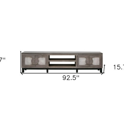 93" Gray Solid Wood Cabinet Enclosed Storage Distressed TV Stand