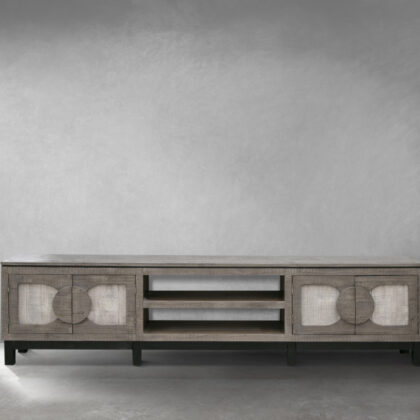 93" Gray Solid Wood Cabinet Enclosed Storage Distressed TV Stand