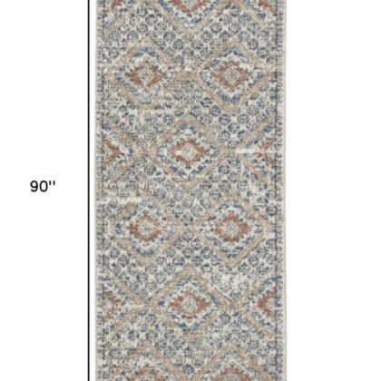 2' X 8' Grey Ivory And Blue Southwestern Power Loom Non Skid Runner Rug