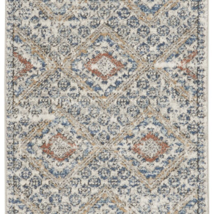 2' X 8' Grey Ivory And Blue Southwestern Power Loom Non Skid Runner Rug