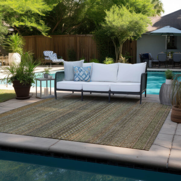 3' X 5' Khaki Striped Washable Non Skid Indoor Outdoor Area Rug