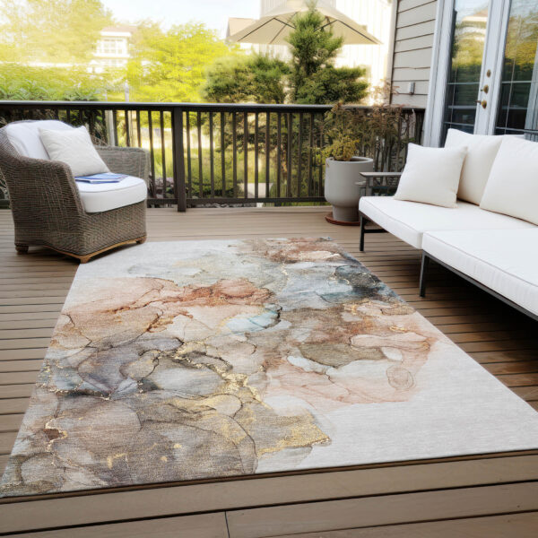 5' X 8' Beige Abstract Washable Non Skid Indoor Outdoor Area Rug