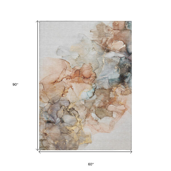 5' X 8' Beige Abstract Washable Non Skid Indoor Outdoor Area Rug