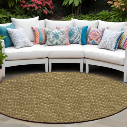 8' Round Brown Round Geometric Washable Non Skid Indoor Outdoor Area Rug