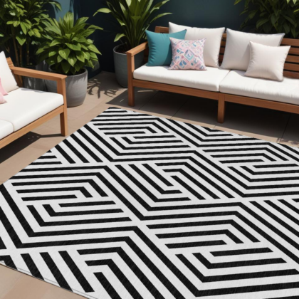 9' X 12' Black and White Geometric Washable Non Skid Indoor Outdoor Area Rug