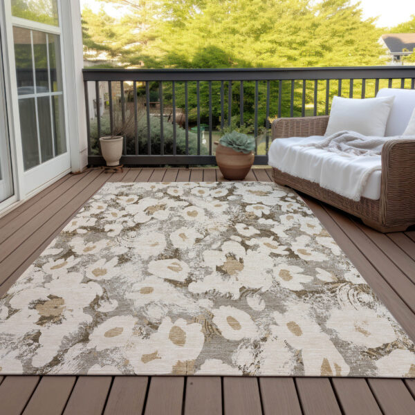 5' X 8' Khaki Floral Washable Non Skid Indoor Outdoor Area Rug