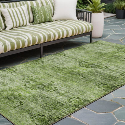 2' X 8' Olive Green Floral Medallion Washable Non Skid Indoor Outdoor Runner Rug