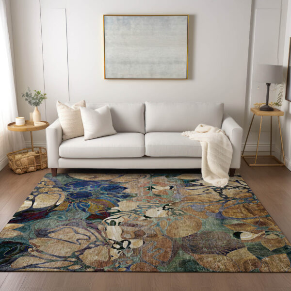 9' X 12' Beige and Blue Abstract Washable Indoor Outdoor Area Rug