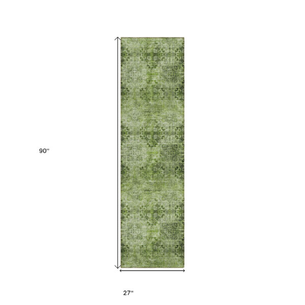 2' X 8' Olive Green Floral Medallion Washable Non Skid Indoor Outdoor Runner Rug