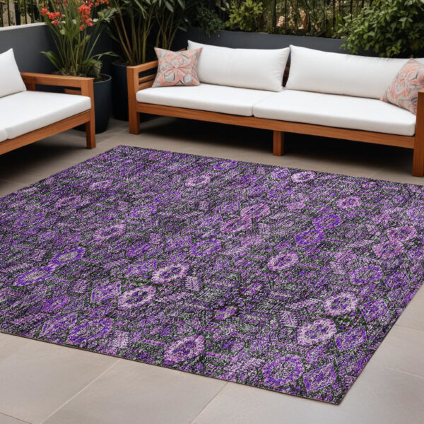 9' X 12' Purple and Green Floral Washable Non Skid Indoor Outdoor Area Rug