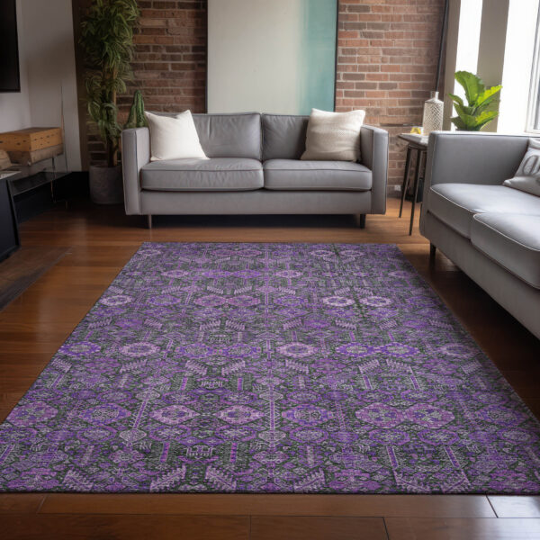 9' X 12' Purple and Green Floral Washable Non Skid Indoor Outdoor Area Rug