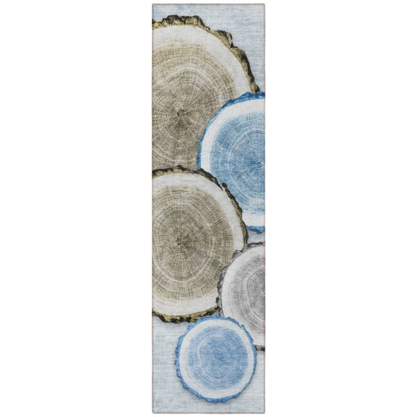 8' Runner Blue Gold and Gray Faux Bois Washable Non Skid Indoor Outdoor Runner Rug