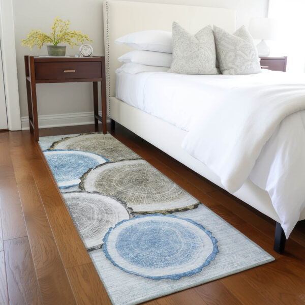 8' Runner Blue Gold and Gray Faux Bois Washable Non Skid Indoor Outdoor Runner Rug