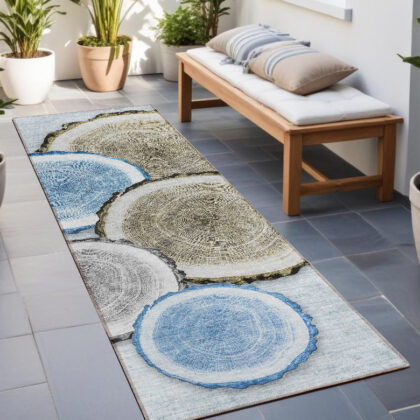 8' Runner Blue Gold and Gray Faux Bois Washable Non Skid Indoor Outdoor Runner Rug