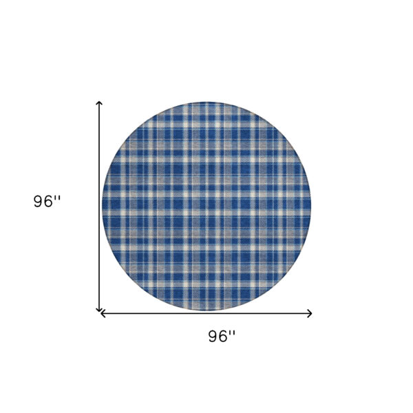 8' Round Navy and Ivory Round Plaid Washable Non Skid Indoor Outdoor Area Rug