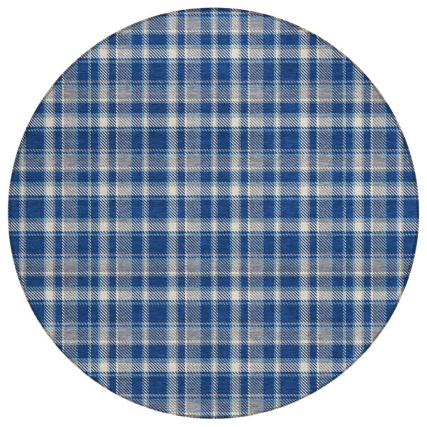 8' Round Navy and Ivory Round Plaid Washable Non Skid Indoor Outdoor Area Rug