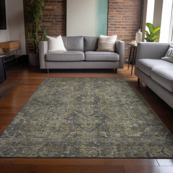 5' X 8' Dark Moss Green and Gray Oriental Washable Non Skid Indoor Outdoor Area Rug