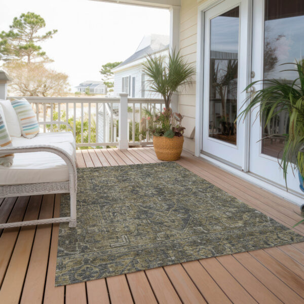 5' X 8' Dark Moss Green and Gray Oriental Washable Non Skid Indoor Outdoor Area Rug