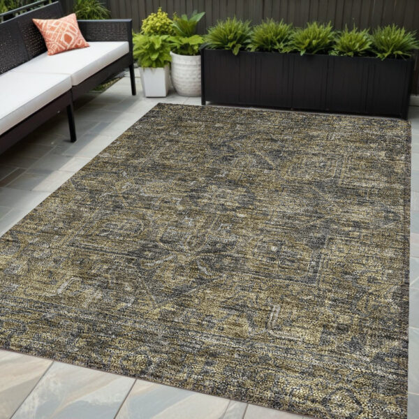 5' X 8' Dark Moss Green and Gray Oriental Washable Non Skid Indoor Outdoor Area Rug