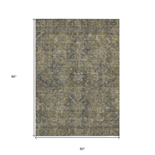 5' X 8' Dark Moss Green and Gray Oriental Washable Non Skid Indoor Outdoor Area Rug