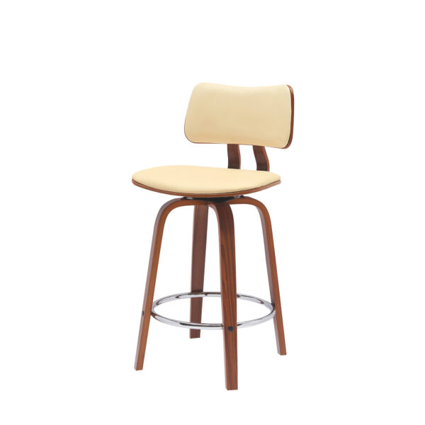 26" Cream And Wood Brown Faux Leather Swivel Low Back Counter Height Bar Chair