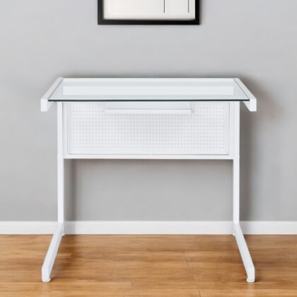 33" Clear and White Glass and Stainless Steel Writing Desk