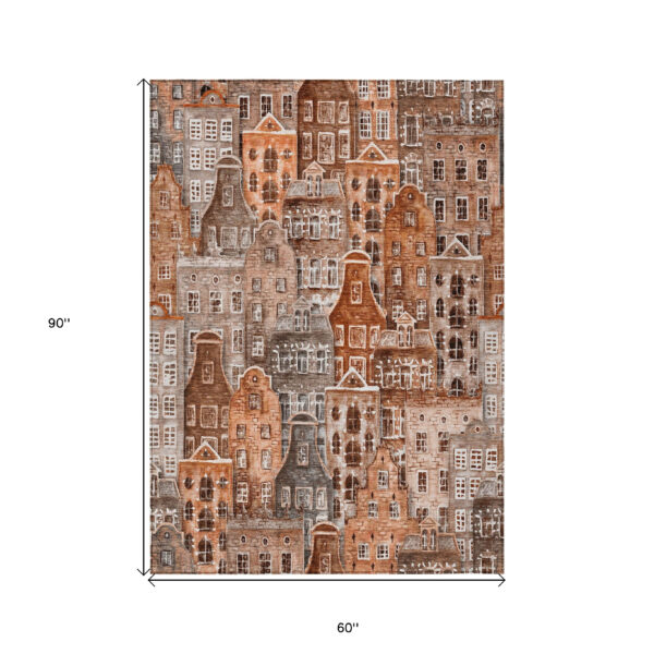 5' X 8' Orange Copper And Salmon Village Houses Washable Indoor Outdoor Area Rug