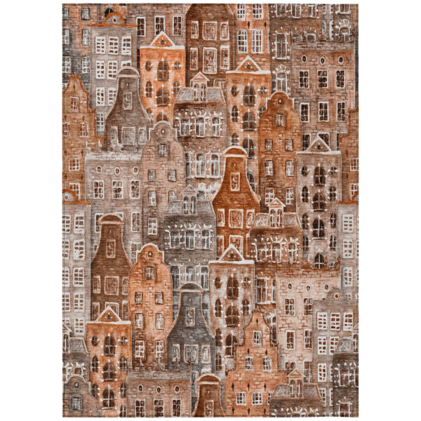 5' X 8' Orange Copper And Salmon Village Houses Washable Indoor Outdoor Area Rug