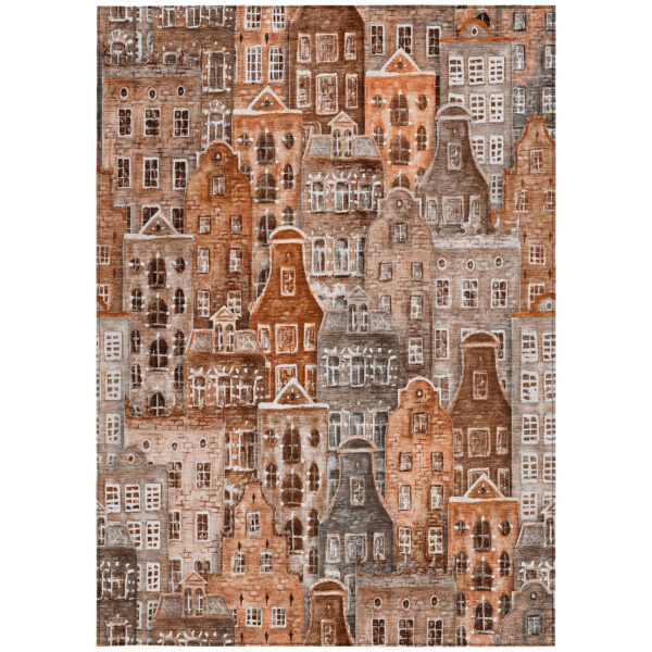 5' X 8' Orange Copper And Salmon Village Houses Washable Indoor Outdoor Area Rug