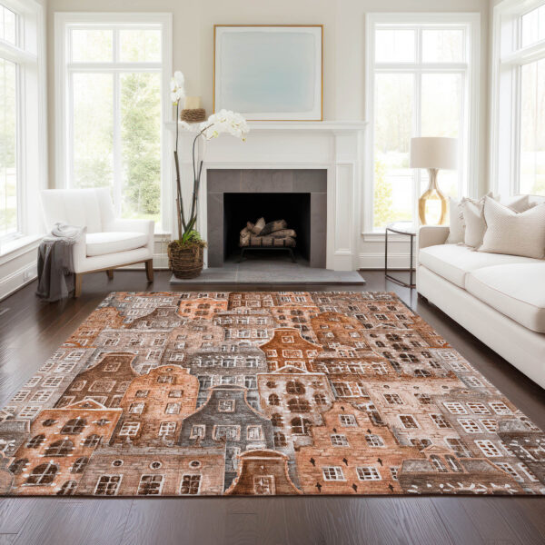 5' X 8' Orange Copper And Salmon Village Houses Washable Indoor Outdoor Area Rug